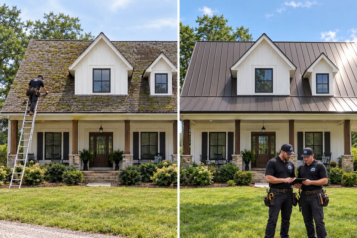 Before and after: standing-seam metal roof on a large home with MAC Roofing crew