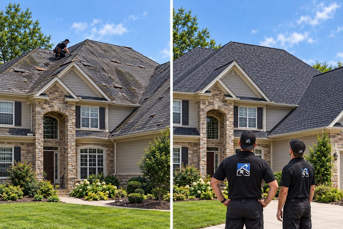 Before and after: architectural shingles roof on a large home with MAC Roofing crew