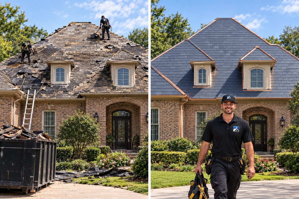 Before and after: slate-style tile roof on a large home with MAC Roofing crew