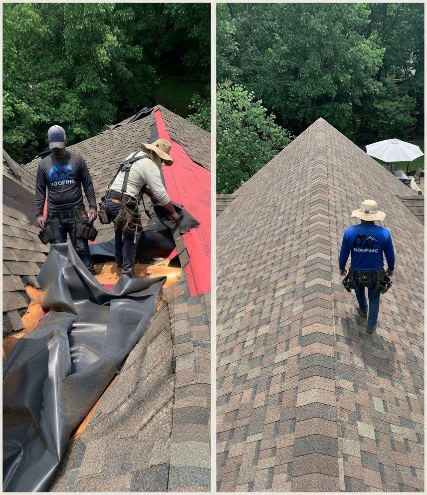 Before and after roof replacement: MAC Roofing crew tearing off old shingles, then walking the finished new shingle roof