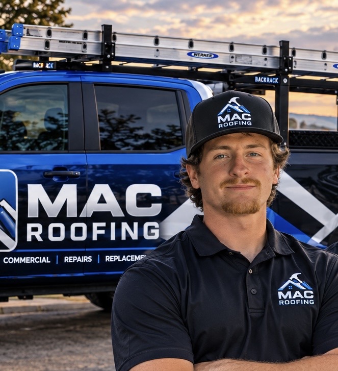 MAC Roofing representative in branded uniform beside company truck